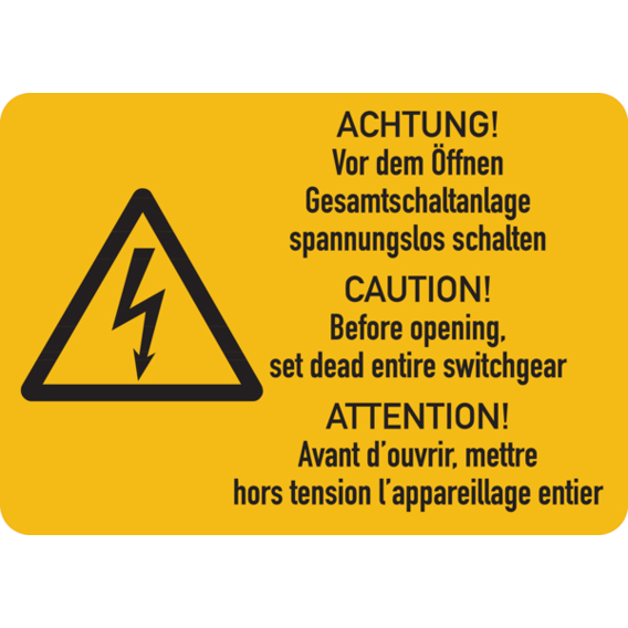 Warnschild - Gesamtschaltanlage Spannungslos Schalten (3-sprachig) - Selbstklebende Folie - ISO 7010 - 52x37 mm