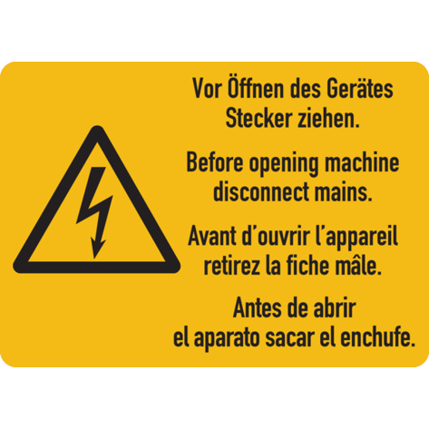 Warnschild: Geräteöffnung - Stecker ziehen (4-sprachig) - Selbstklebende Folie 52x37 mm